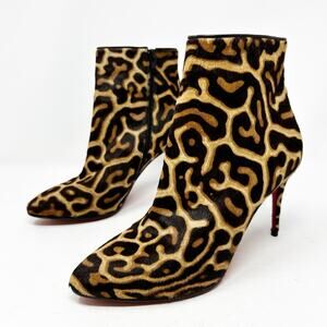 Christian Louboutin Eloise Leopard Pony Hair Ankle Boots Red Sole Size 37